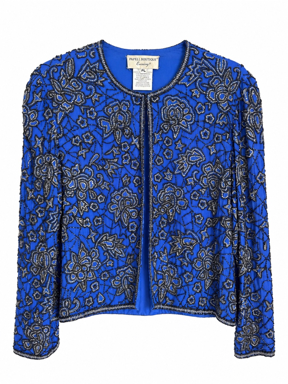 Vintage Papell Boutique Evening Royal Blue Beaded Floral Jacket Petite L